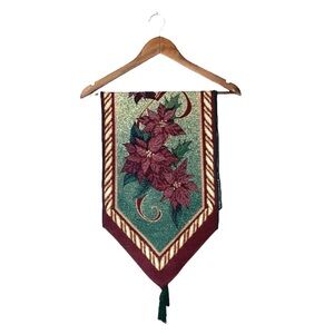 Christmas Holiday Table Runner Poinsettia Flower Red Green Gold Tassels